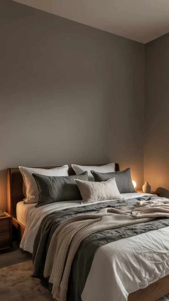 Warm graphite grey bedroom with layered neutral bedding and soft lighting for a cozy, moody retreat.