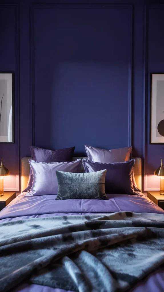 Moody ink violet bedroom with layered lavender and charcoal bedding creating a dramatic, artistic atmosphere.