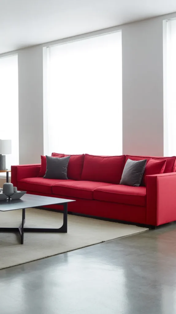 Light grey living room featuring a bold red statement sofa with minimal decor for a modern, balanced, and stylish look.