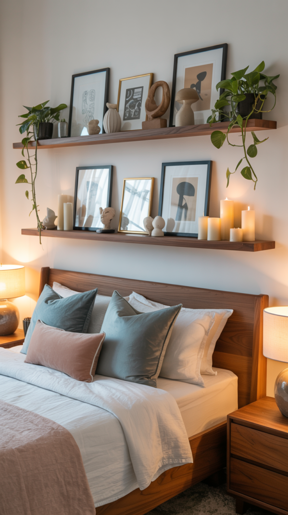 Floating shelves with layered art and decor above a bed in a curated, upper-middle-class bedroom.
