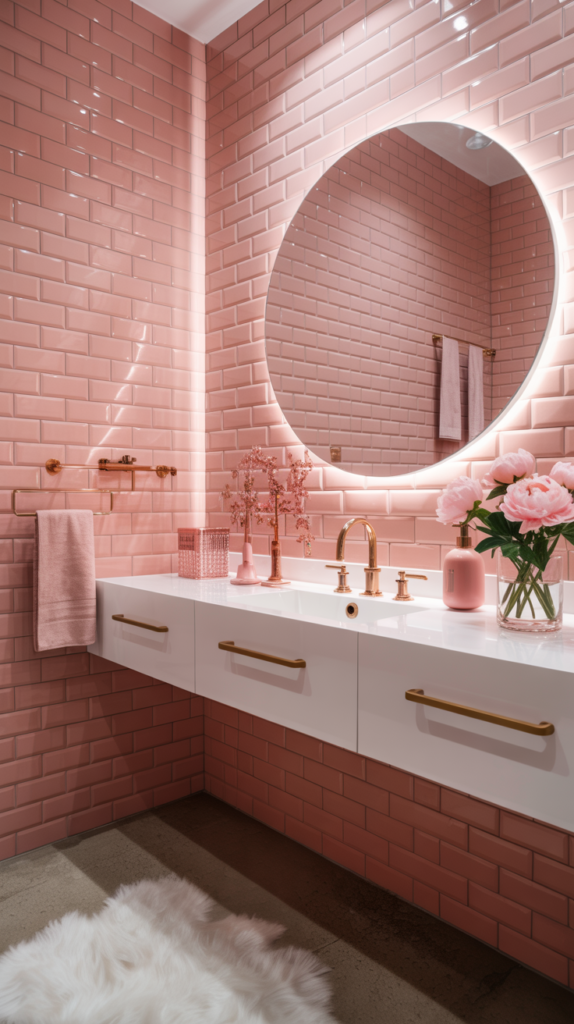 Modern pink Barbiecore bathroom with glossy tiles, gold accents, and a glamorous feminine design.