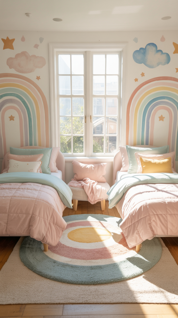 Shared kids bedroom with pastel rainbow bedding, soft blush and mint accents, colorful pillows, and a bright, dreamy atmosphere.