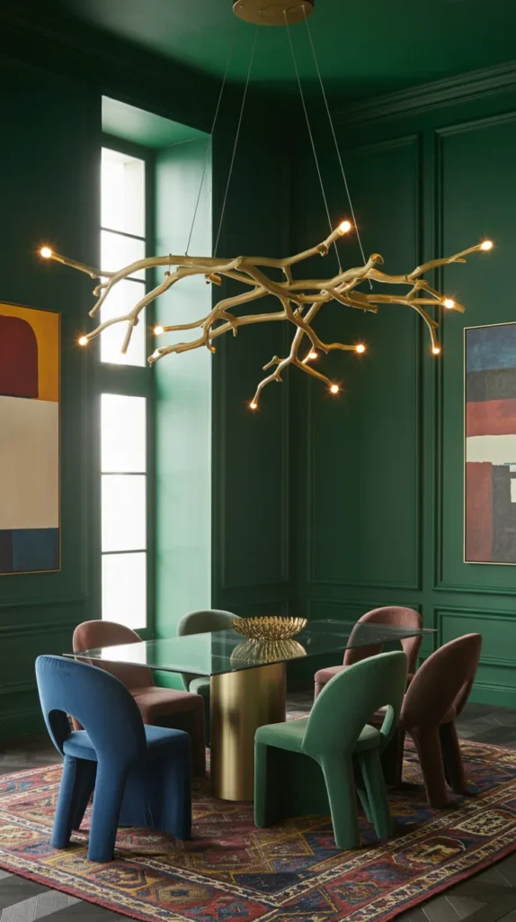 Luxury dining room with organic branch-style chandelier, jewel-tone decor, bold wall color, and a refined modern upscale vibe.