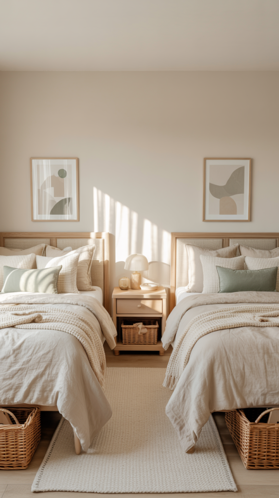 Gender-neutral shared kids bedroom with beige and sage bedding, soft textures, and a calm, timeless design.