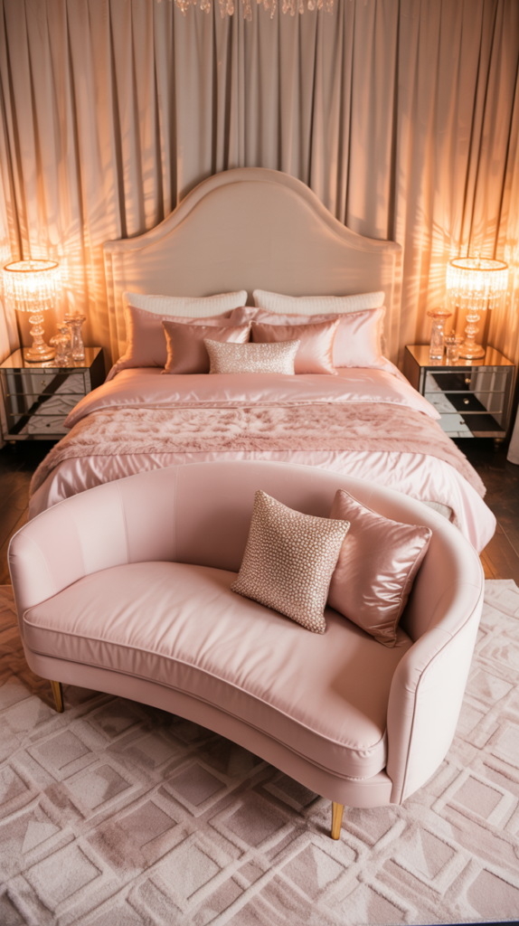 Glam bedroom with a blush velvet couch near the bed, soft pink bedding, and elegant lighting creating a romantic stylish retreat.