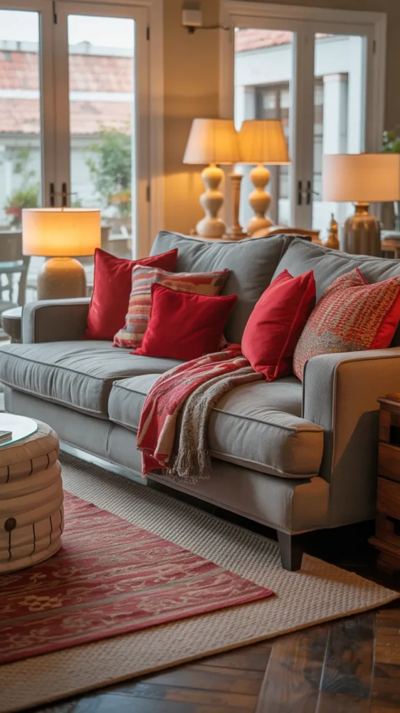 Family-friendly red and grey living room with comfortable seating and stylish, practical decor.