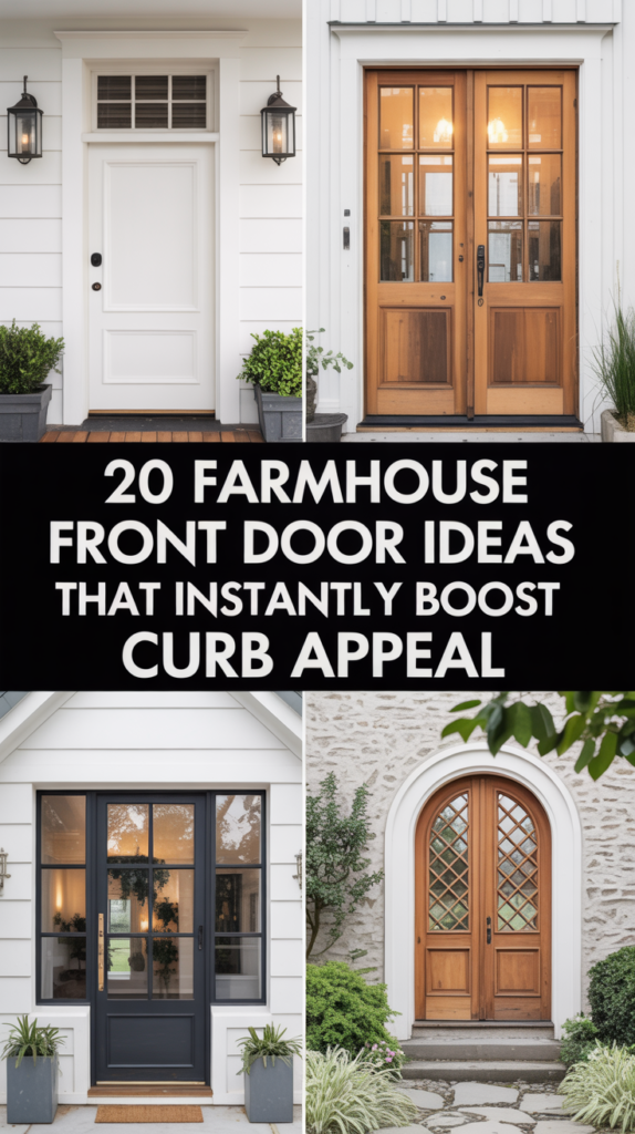 Four farmhouse front doors including a white paneled farmhouse door, glass and wood double door, steel-framed glass farmhouse door, and a Dutch door with lattice glass, displayed in a modern farmhouse collage for curb appeal inspiration.