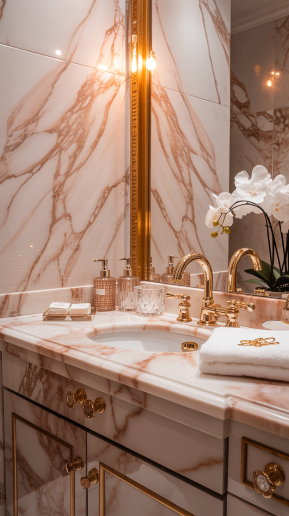 Pink marble glam bathroom with gold fixtures, plush towels, and elegant feminine styling.
