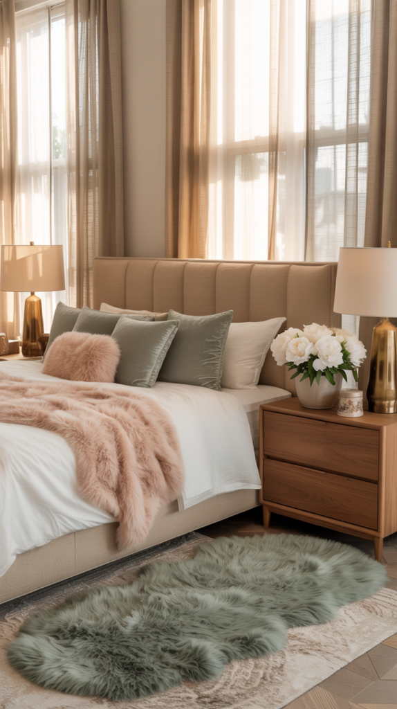 Sage green faux-fur rug and blush pink faux-fur throw styled in a soft, elegant bedroom with gold accents and natural light.