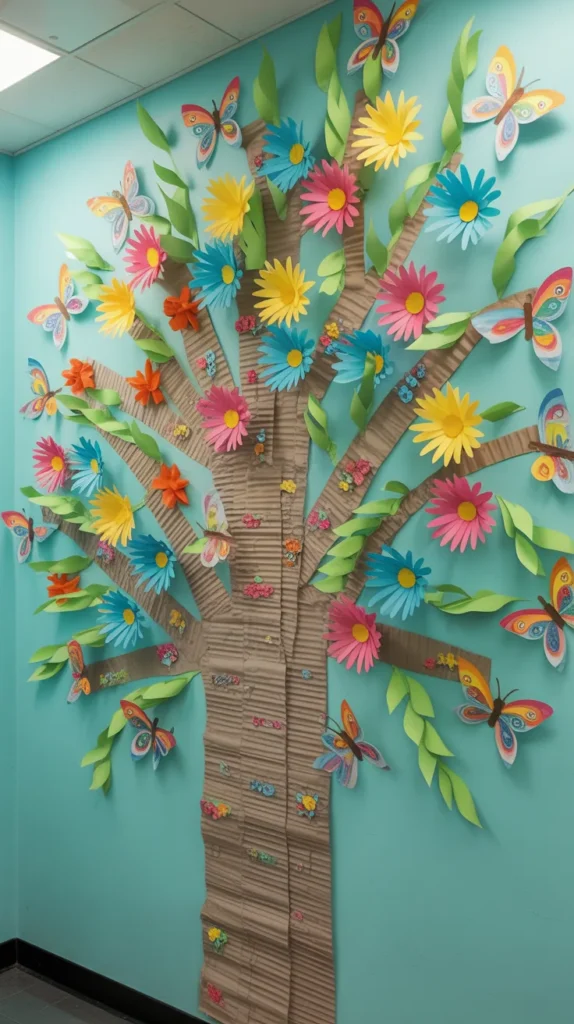 Paper craft spring tree wall display in a kindergarten classroom featuring colorful flowers and butterflies.