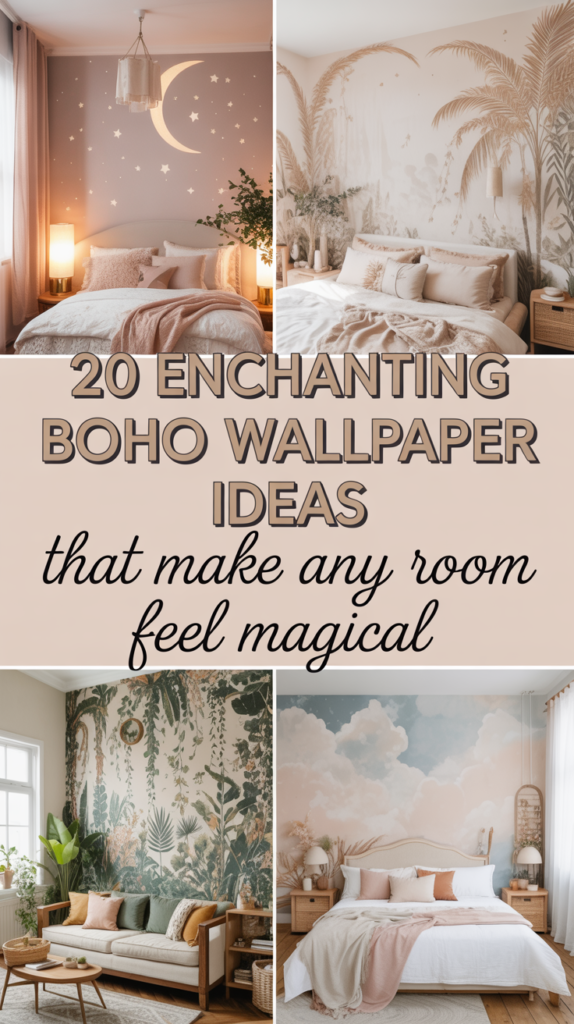 Three-image collage featuring celestial moon and star wallpaper, lush botanical boho wallpaper, and soft cloudscape wallpaper with a bold title reading “20 Enchanting Boho Wallpaper Ideas That Make Any Room Feel Magical.”