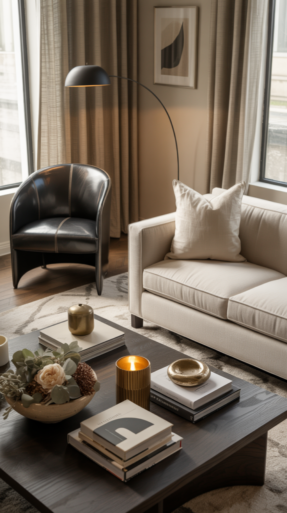Cream sofa styled with a black leather accent chair in a layered, high-end modern living room with warm wood and brass decor.