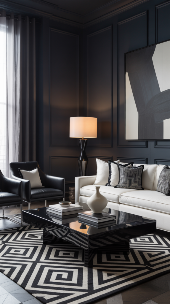 Black and white living room with a bold geometric rug, white sofa, black accent chairs, dark paneled walls, and modern editorial decor.

