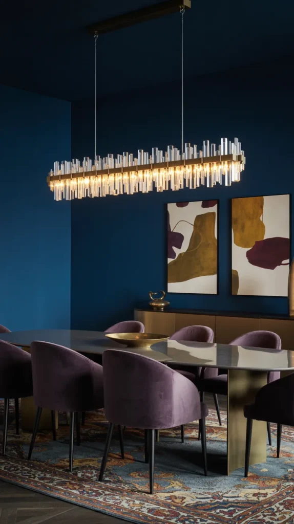 Modern dining room with linear crystal bar chandelier, plum dining chairs, navy walls, and an elegant colorful luxury design.