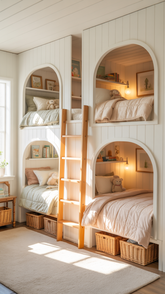 Built-in cottage-style bunk beds in a shared kids room with soft pastel bedding, built-in shelves, and a warm, storybook design.