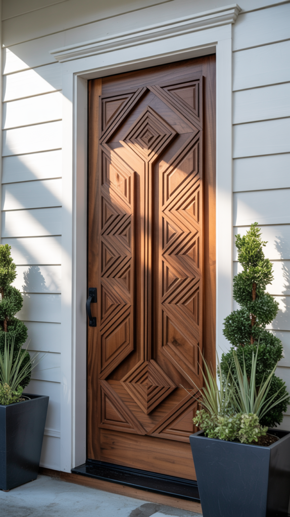 Geometric patterned farmhouse front door with carved wood design and modern rustic styling.
