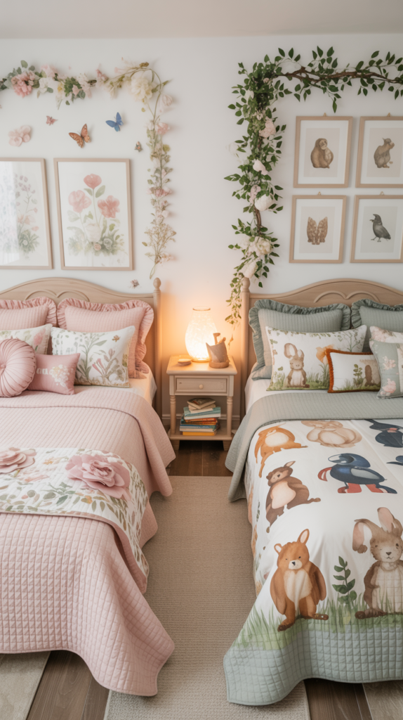 Shared kids bedroom with floral and animal-themed decor, soft pastel bedding, and a playful, cohesive design.