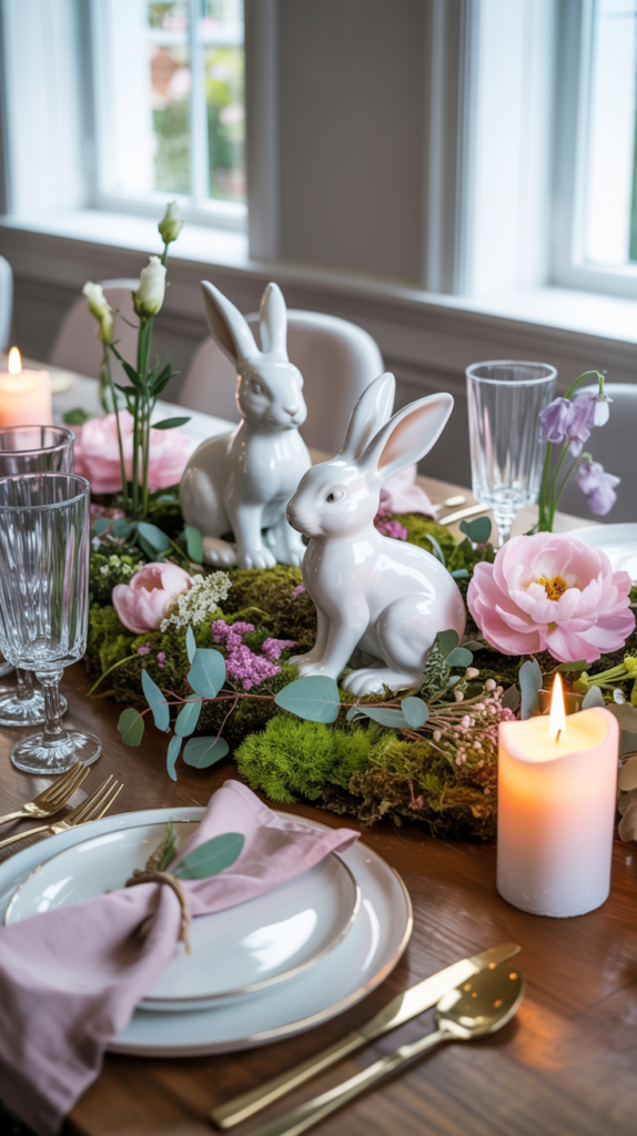 Easter and spring table centerpiece with ceramic bunnies and pastel flowers on a stylish, upper-middle-class dining table.