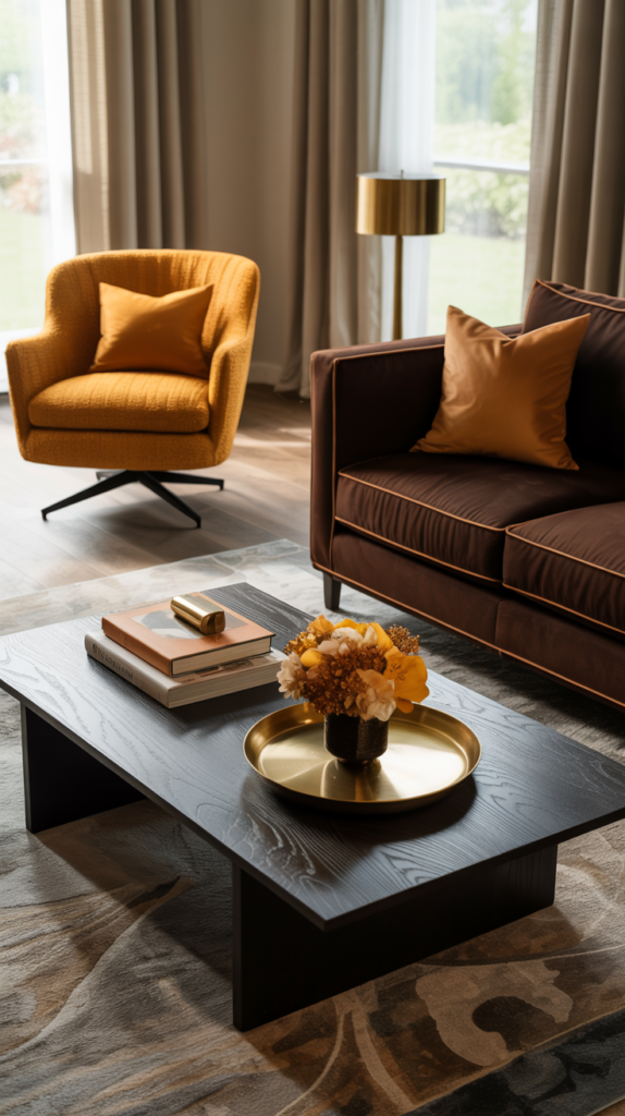Chocolate brown sofa styled with a mustard swivel chair in a warm, modern designer living room.