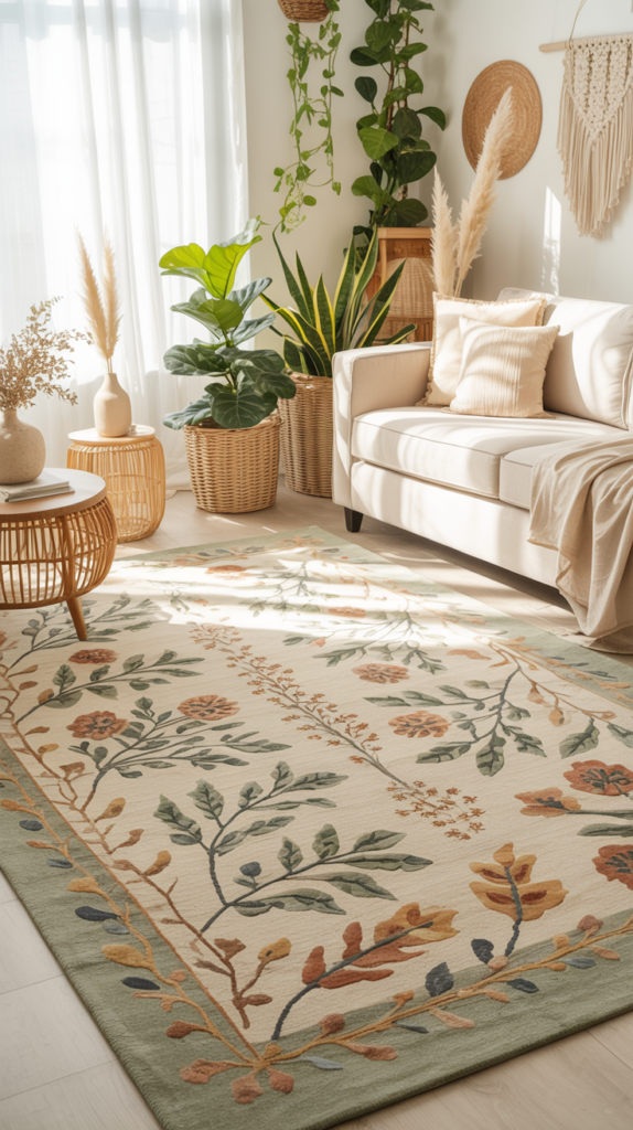 Botanical boho rug with leafy and floral pattern in a bright living room with plants, wood furniture, and sunlight.