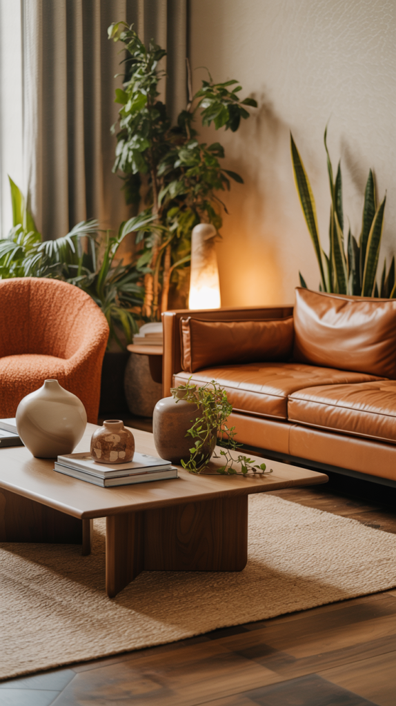 Tan sofa styled with a terracotta accent chair in a warm earthy designer living room with natural textures.