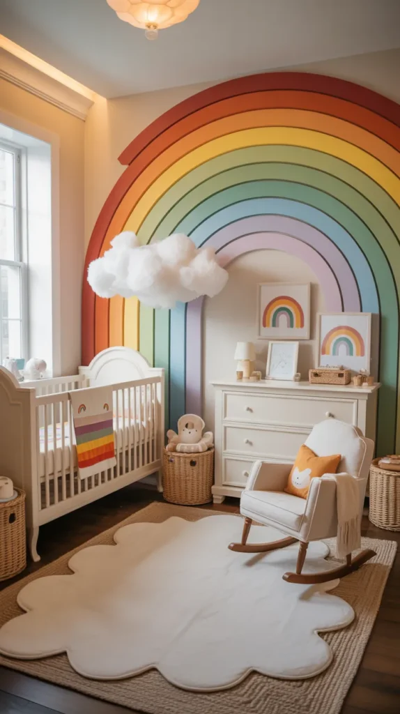 Rainbow sky baby boy nursery with colorful rainbow mural, cloud decor, white crib, and a bright, joyful storybook design.