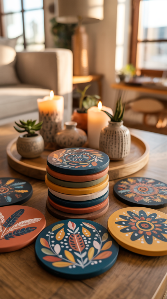 Hand-painted boho coasters with colorful folk-art designs styled on a modern boho coffee table