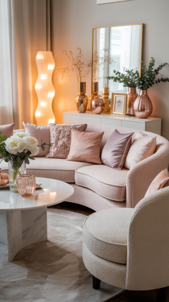 Curved blush sofa and round coffee table in a feminine, soft girly apartment living room with warm lighting and pastel decor.