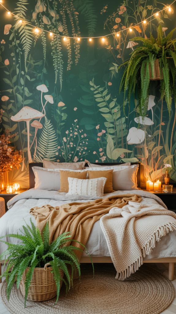Boho bedroom with forest wallpaper, plants, and a magical woodland bohemian vibe.