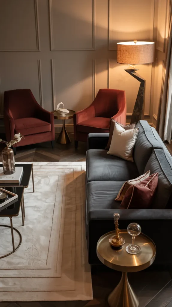 Grey living room with burgundy velvet accent chairs, elegant lighting, and a polished, luxurious design.
