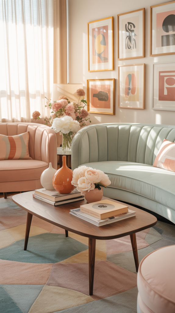 Pastel retro chic living room with a mint green curved mid-century sofa, peach and blush velvet chairs, vintage coffee table, retro pastel wall art, and warm sunlight in a stylish upper-middle-class apartment.