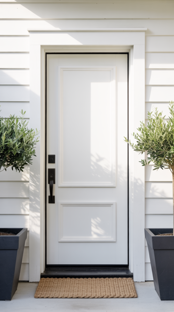 Modern white farmhouse front door with black hardware and olive tree planters for a clean contemporary look.