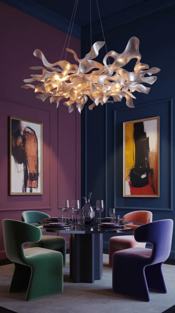 Luxury dining room with illuminated art-piece chandelier, bold wall colors, artistic decor, and a modern upscale interior.