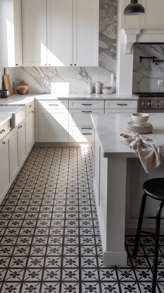Bright black and white kitchen with geometric patterned tile flooring creating a bold monochrome statement in natural light.