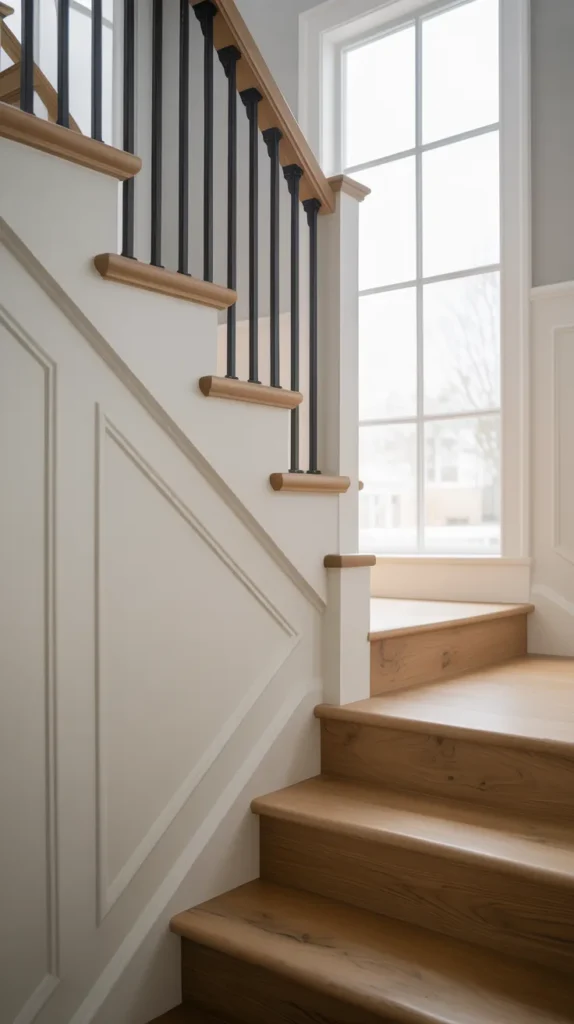 White staircase with board and batten wall paneling, oak wood steps, and black metal railing in a bright modern home.