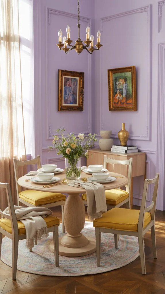 Lavender dining room decorated with butter yellow accents, bright stylish dining space with soft colorful palette