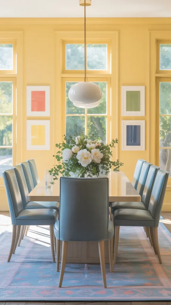 Lemon yellow dining room with sky blue upholstered chairs around a wood table, bright colorful cheerful dining space filled with natural light