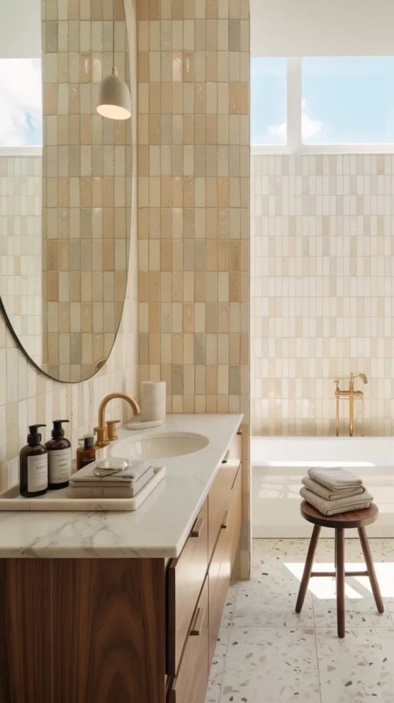 Bathroom with floor-to-ceiling zellige tile wall, walnut vanity, marble counter, and spa-inspired styling.