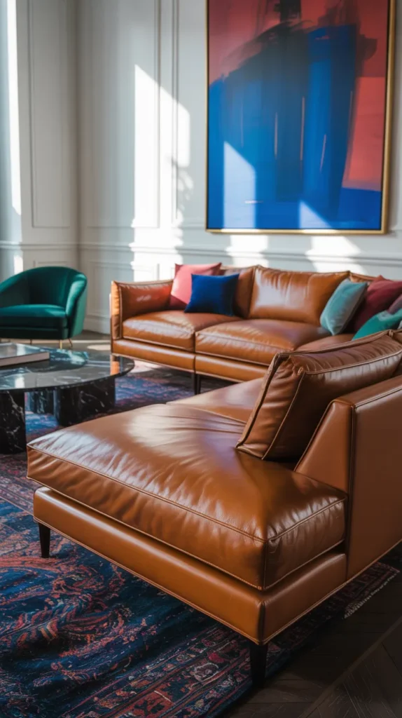 Cognac leather sectional sofa in a white wall living room with bold abstract art, jewel-tone rug, and emerald accent chair.