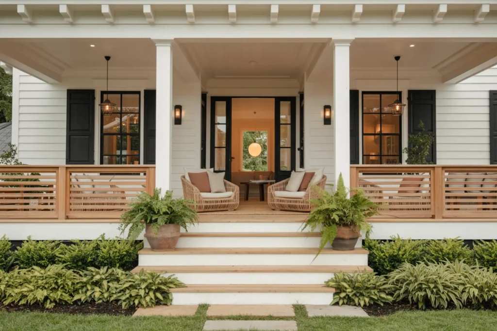 Modern organic front porch with full natural wood horizontal slat railing, front door, columns, seating area, and landscaped foundation in bright sunlight.