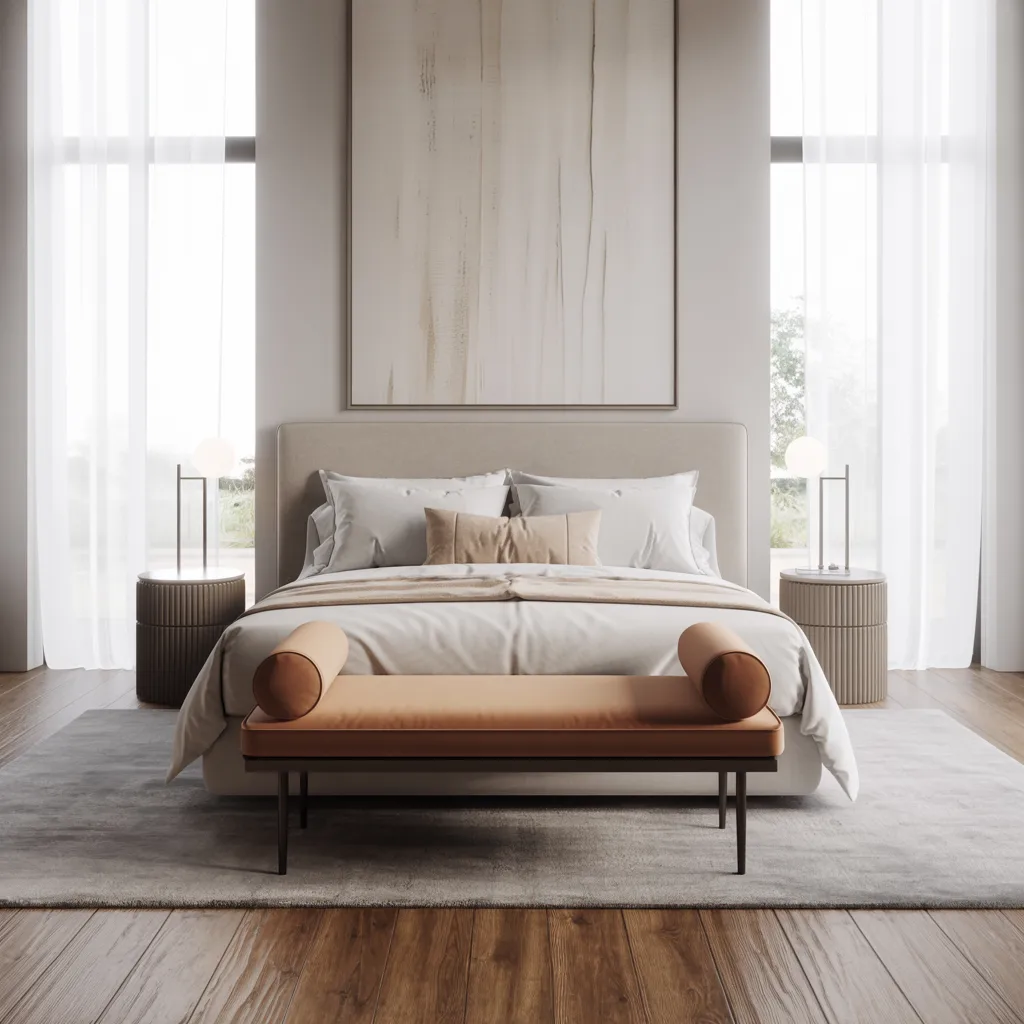 Slim upholstered minimalist bench at the foot of a fully furnished modern bedroom with neutral bedding, hardwood floors, and bright natural light.