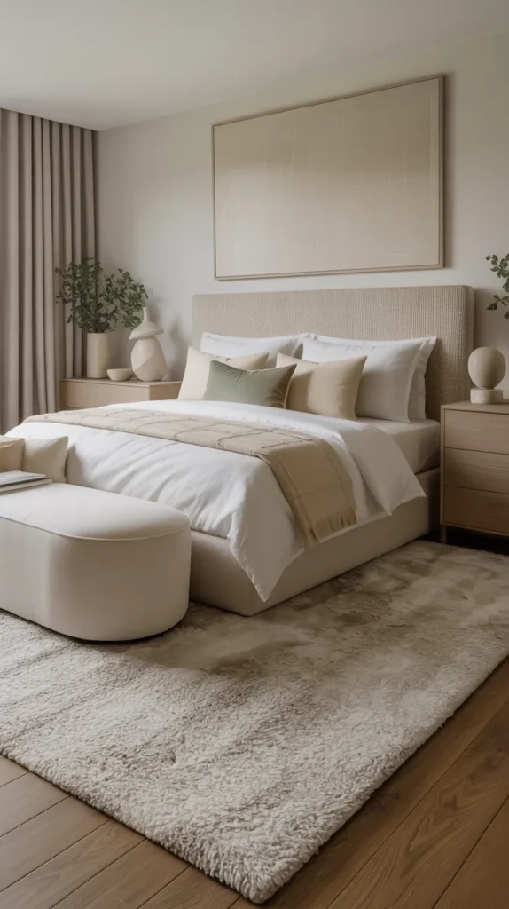 Curved ivory upholstered bench at the foot of a fully furnished modern bedroom with layered bedding, neutral artwork, oak floors, and bright natural light.