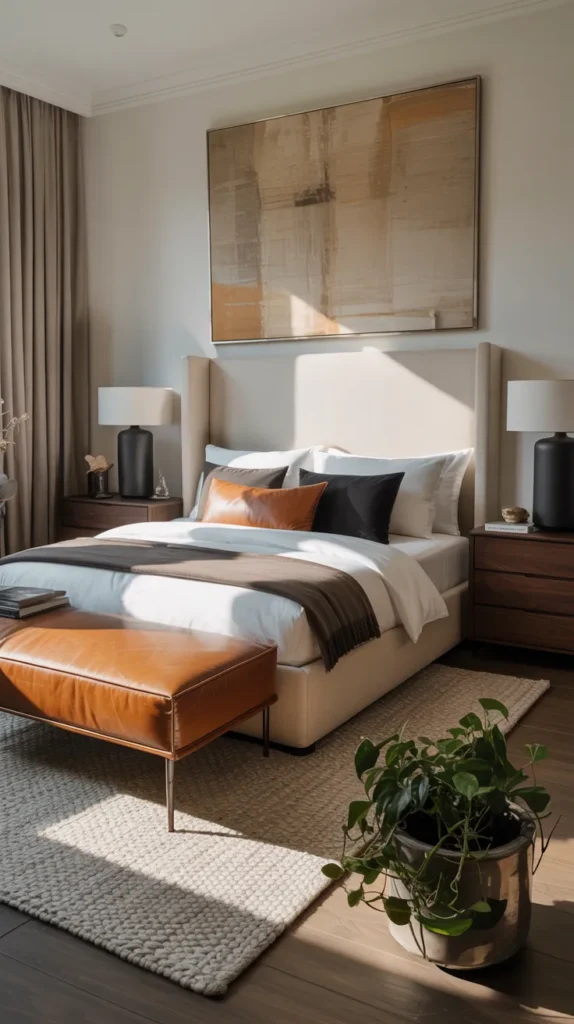 Caramel brown leather bench at the foot of a fully furnished modern bedroom with cream headboard, layered bedding, hardwood floors, and bright natural light.