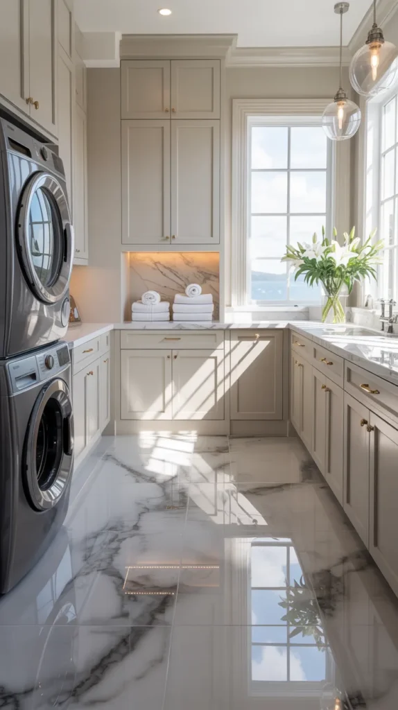Luxury laundry room with glossy marble-effect porcelain tile flooring, cream cabinets, brass hardware, and pendant lighting.