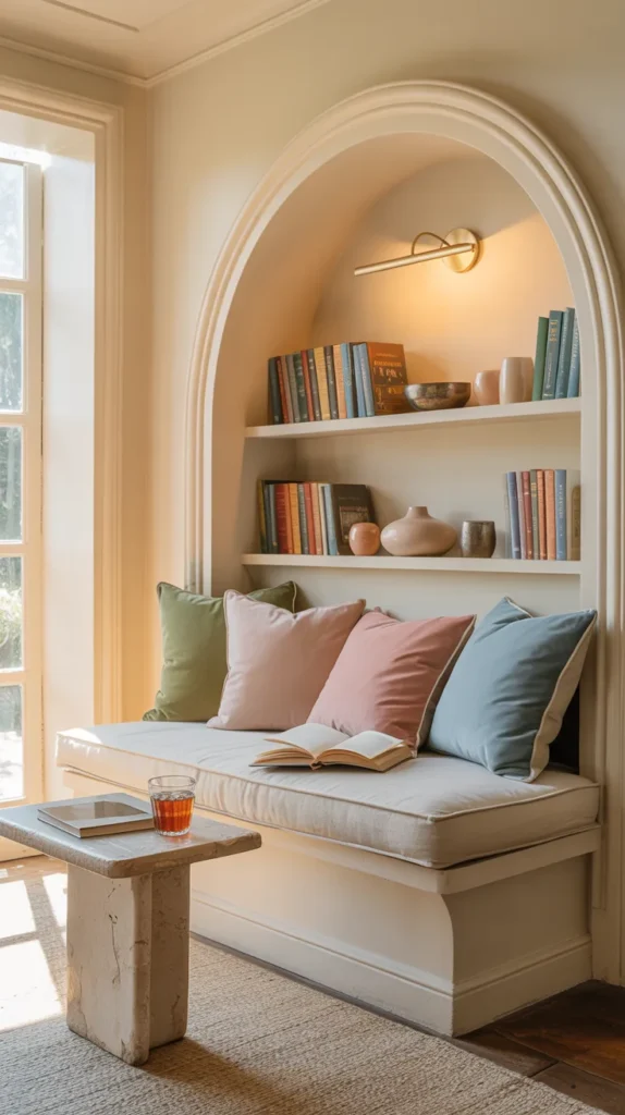Bright spring arched wall reading nook with colorful pillows, built-in shelves, natural light, and soft pastel decor in a furnished living room.