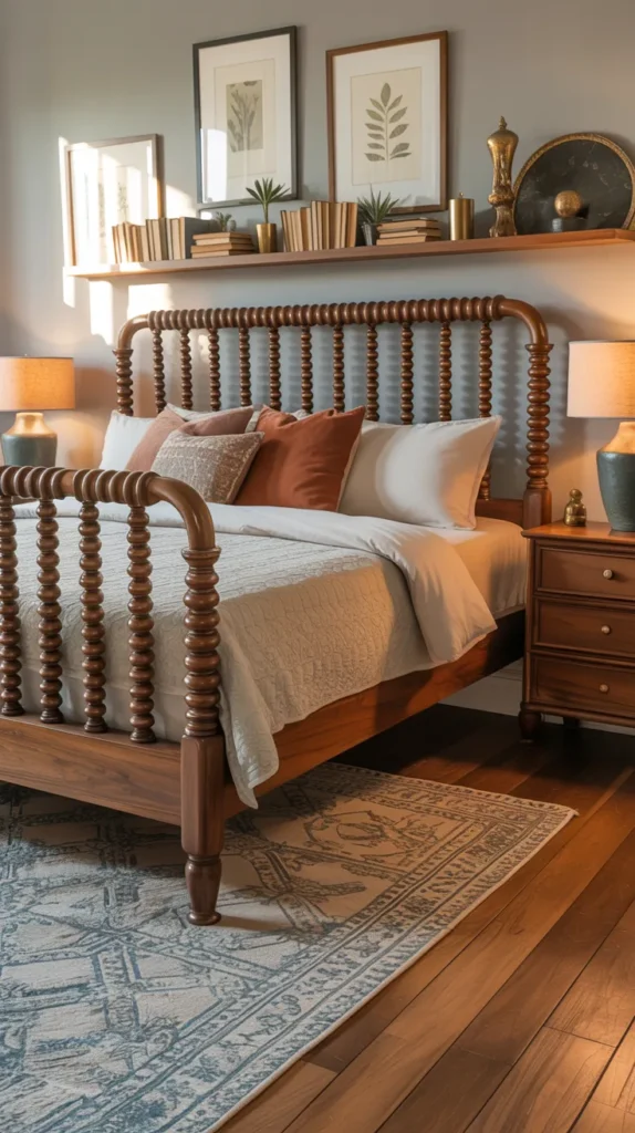 Jenny Lind spool vintage bed styled in a fully furnished modern upscale bedroom