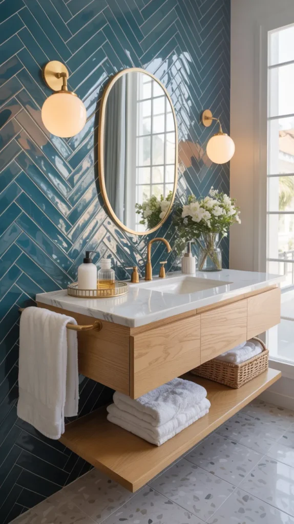 Bathroom with herringbone tile wall behind vanity and elegant modern styling.