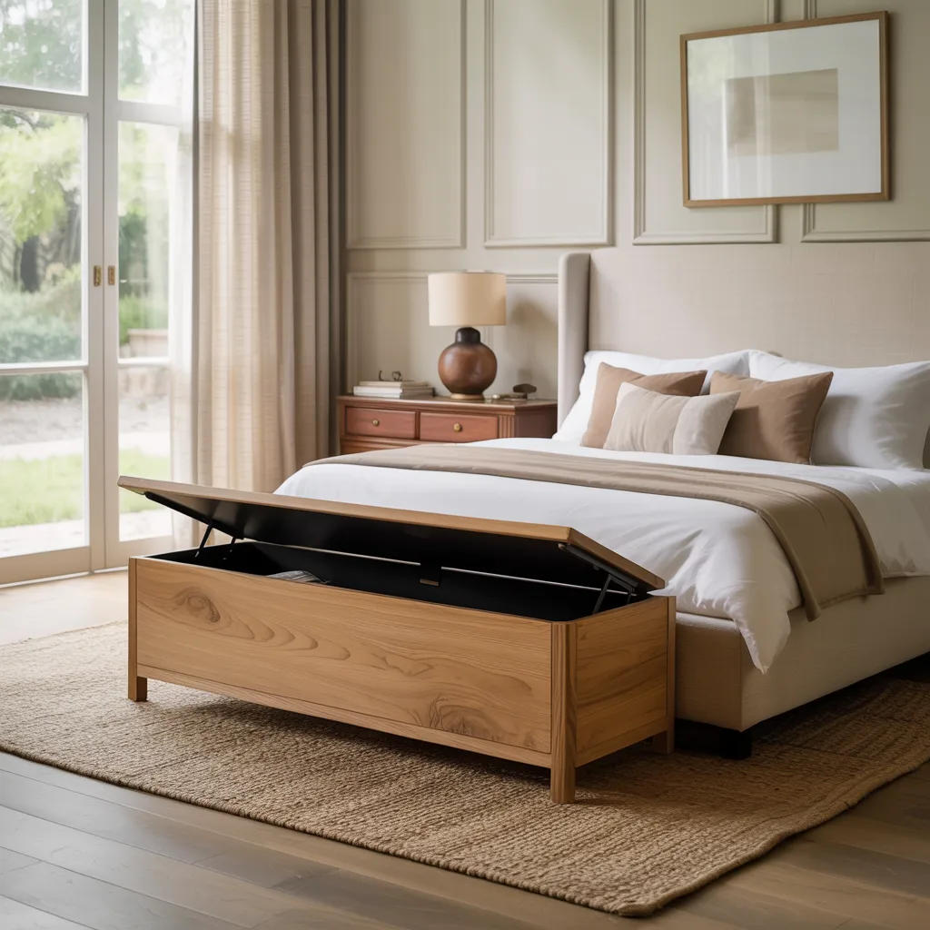 Light oak wooden storage bench with lift-top lid at the foot of a fully furnished neutral bedroom with layered white bedding, hardwood floors, and natural daylight.