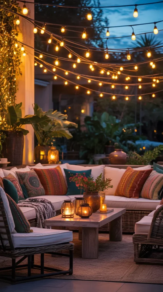 boho patio with string light canopy and furnished seating area creating a warm cozy nighttime outdoor living space