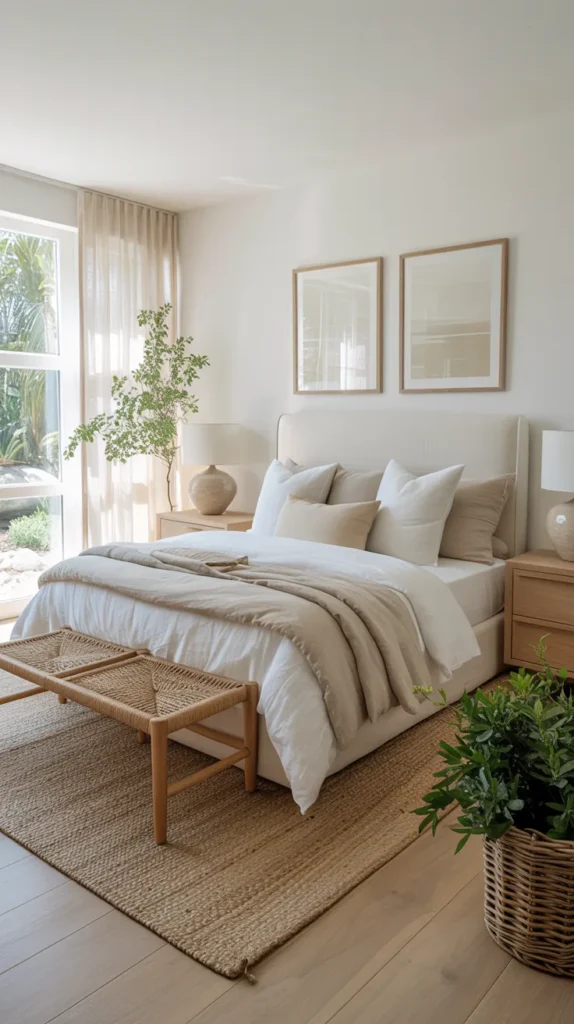 Woven rattan cane bench at the foot of a bright fully furnished organic bedroom with white bedding, jute rug, wood nightstands, and natural sunlight.